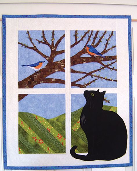 Trouble In The Window Cats And Sweet Birds It’s Springtime Quilt Placemats, Attic Windows, Window Quilts, Cat Quilt Block, Cat Quilt Patterns, Wall Quilt Patterns, Applique Wall Hanging, Cat Quilts, Wall Hanging Pattern