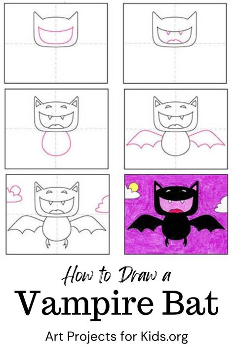 Vampire Bat Drawing, Bat Drawing Easy, Cartoon Vampire, Halloween Art Lessons, Bat Drawing, Drawing Easy Step By Step, Bat Coloring Pages, Crayon Drawing, Tutorial Drawing