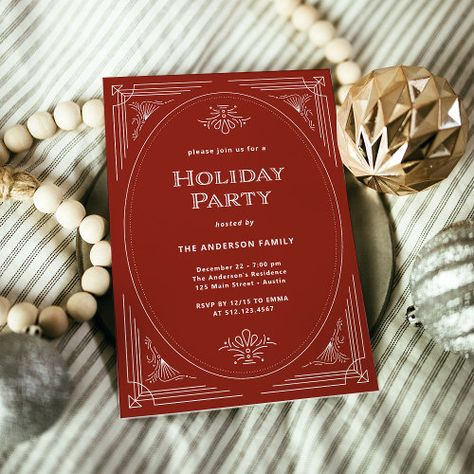 $2.93 | Modern Deco | Elegant Red Holiday Party - christmas holiday party, elegant, art deco, twenties 1920s, glamorous, red and white, vintage, classic and traditional, unique, cocktail party Corporate Christmas Invitation, Holiday Gala Decor, Christmas Gala Invitation, Invitation Card Design Christmas, Holiday Invite Design, Christmas Invite Design, Christmas Dinner Party Invitations, Christmas Invitation Card Design, Red And Gold Christmas Party