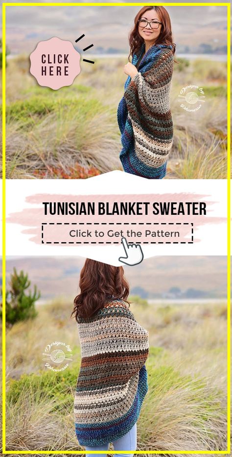 crochet TUNISIAN Blanket Sweater easy pattern - Easy Crochet Sweater Pattern for Beginners. Click to Try the Pattern #Sweater  #crochetpattern #crochet via @shareapattern.com Crochet Blanket With Sleeves, Tunisian Crochet Sweater Pattern Free, Tunisian Crochet Cardigan, Tunisian Crochet Sweater, Crochet Blanket Sweater, Blanket Sweater Pattern, Tunisian Blanket, Crochet Poncho With Sleeves, Easy Crochet Sweater