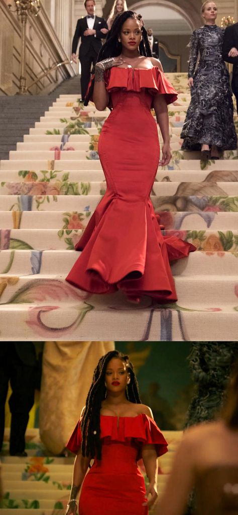 Rating the Fake Met Gala Red Carpet Looks of "Ocean's 8" | Tom + Lorenzo Red Rihanna, Rihanna Red Dress, Off The Shoulder Mermaid Dress, Rihanna Red Carpet, Red Off Shoulder Dress, Met Gala Dresses, Dresses Wedding Guest, Met Gala Red Carpet, Classy Prom Dresses