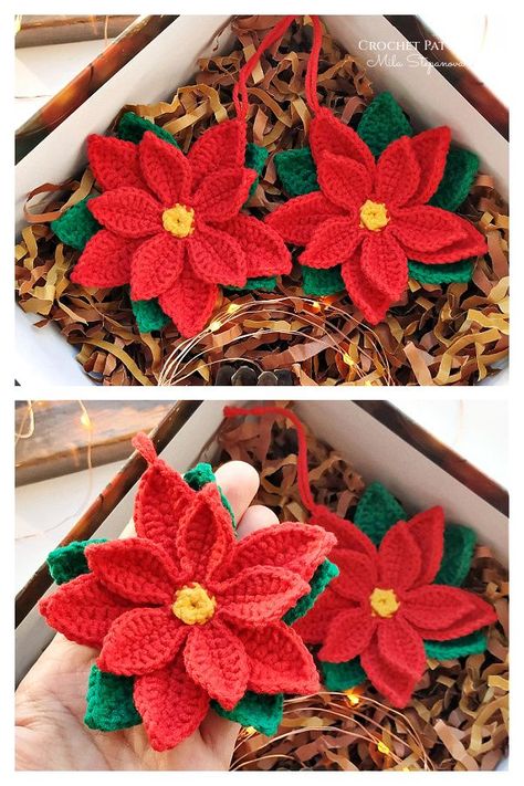 Christmas Poinsettia Crochet Pattern Crochet Poinsettia, Crochet Ornaments Free Pattern, Christmas Ornament Crochet, Crochet Star Patterns, Poinsettia Pattern, Ornament Crochet, Crochet Christmas Ornaments Free, Crochet Ornament Patterns, Amigurumi Christmas