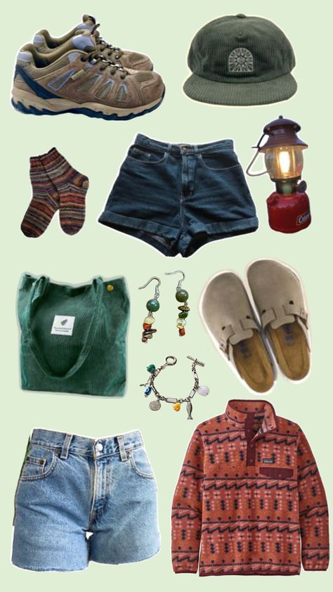 Granola girl aesthetic outfits collage, Patagonia synchilla fleece, hiking boots, Birkenstock clogs, Jean shorts, long Jean shorts, lantern, tote bag, green, cute socks, green hat, jewelry, beaded jewelry, charm bracelet, earrings, North West Outfits, Camping Aesthetic Outfits, Mountain Outfits, Granola Girl Aesthetic Outfits, Granola Girl Style, Granola Girl Outfits, Granola Outfits, Granola Style, Outdoorsy Girl