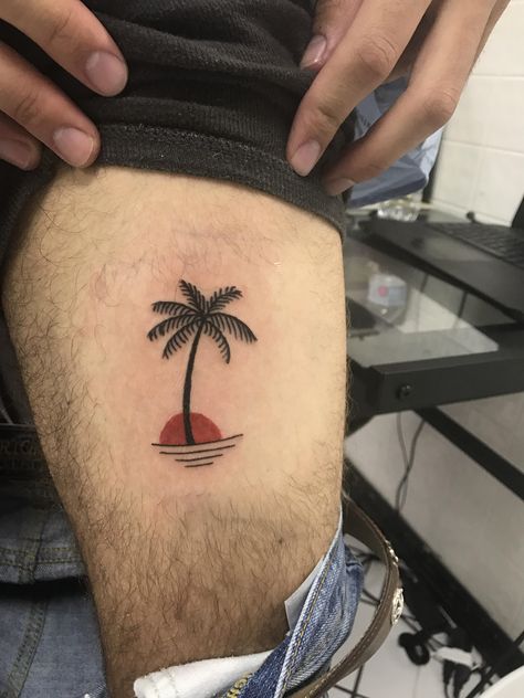 Beach Palm Tree Tattoo, Island Tattoo Men, Palm Tree With Sun Tattoo, Palm Tree Island Tattoo, Traditional Palm Tree Tattoo, Palm Tree Hammock Tattoo, Island Tattoos, Panama Tattoo, Traditional Beach Tattoo