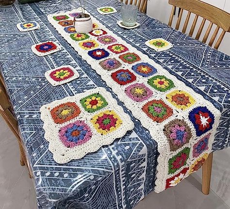 Amazon.com: RISEON Set of 8 Handmade Cotton Crochet Granny Squares Table Runner Coasters , Crochet Table Placement Table Centerpiece, Knitted Drink Coasters for Coffee Table Cupmats Farmhouse Home Boho Decor : Home & Kitchen Granny Square Tablecloth, Granny Square Table Runner, Crochet Table Cover, Crochet Centerpiece, Diy Granny Square, Modern Haken, Home Boho Decor, Crochet Trendy, Crochet Table Topper