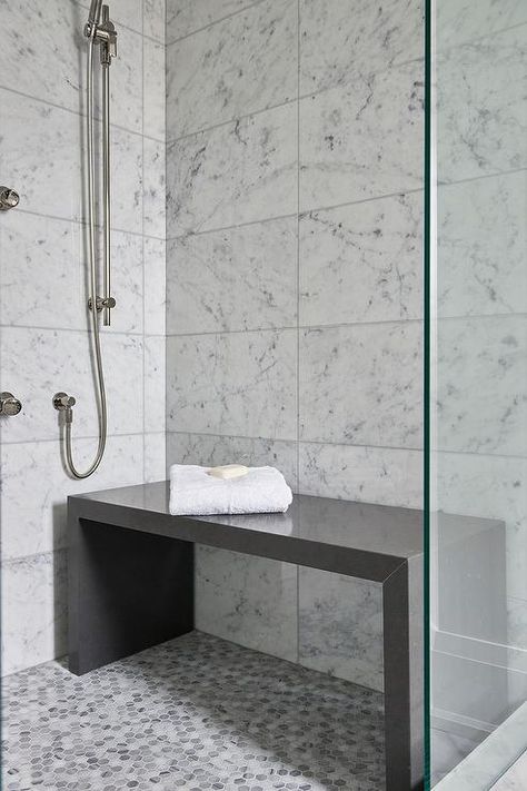 Amazing Master Bathrooms, Gray Hex, Marble Walls, Gray Quartz, Room Vibes, Waterfall Shower, White Grid, Shower Seat, Decor Ikea