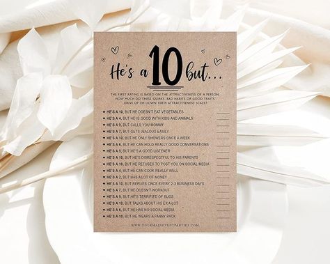 He's a 10 But Game for Bridal Shower, Baby Shower and Bachelorette Parties Free Bachelorette Party Games, He's A 10 But, Lingerie Shower Games, Bridal Shower Games Funny, Bridal Party Games, Fun Bridal Shower Games, The Best Game, Modern Bridal Shower, Wedding Shower Games