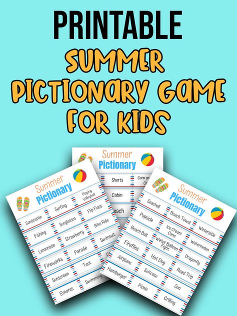 This Summer Themed Pictionary printable game for kids is a fun, low prep activity to keep kids busy during summer break. It makes a great party game for family game nights at home as well as played at school, while on vacation, at family gatherings, or even on a video call. Pictionary For Kids, Game Ideas For Kids, Pictionary Words, Bubble Activities, Drawing Ideas For Kids, Printable Games For Kids, Class Games, Ice Breaker, Printable Game