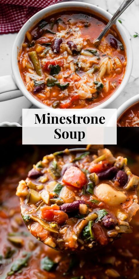 This hearty minestrone soup is thick and satisfying. Brimming with vegetables, protein-rich beans, and herbs, it's extra flavorful, too. #soupseason #winterrecipes #minestronesoup Minestrone Soup With Cabbage, 3 Bean Minestrone Soup, Minestrone Soup With Ground Beef, Ministrinie Soup, Beef Minestrone Soup Recipe, Beef Minestrone Soup, Cozy Soups, Minestrone Soup Recipe, Sally's Baking