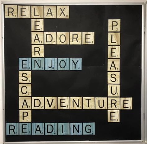 Scrabble Bulletin Board, Hallway Bulletin Boards, Bulletin Boards Theme, Library Resources, Middle School Libraries, Library Bulletin Boards, Library Science, 5th Grade Classroom, Door Displays