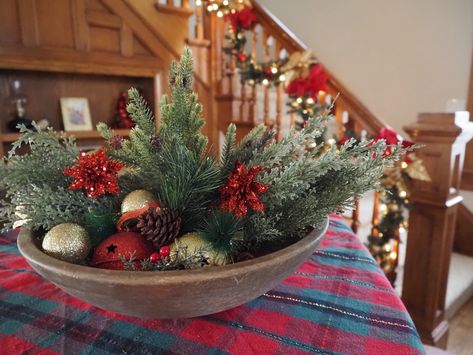 Antique Dough Bowl Decorated for Christmas | Gathered In The Kitchen Buffalo Plaid Bedroom, Antique Dough Bowl, Buffalo Plaid Christmas Decor, American Buffalo, Buffalo Plaid Christmas Tree, Plaid Christmas Decor, Plaid Throw Blanket, Cabin Christmas, Plaid Christmas Tree