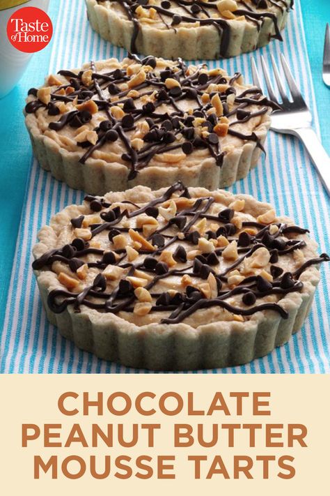 Chocolate Peanut Butter Mousse Tarts Peanut Butter Chocolate Tart, Chocolate Peanut Butter Tart, Chocolate Peanut Butter Mousse, Peanut Butter Tart, Tiny Desserts, Pastry Treats, Dessert Pies, Mini Sweets, Peanut Butter Dessert Recipes