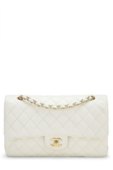 Chanel White Quilted Caviar Classic Double Flap Medium - What Goes Around Comes Around Chanel Classic Medium, Chanel Double Flap, Chanel Classic Flap Bag, Vintage Designer Bags, Chanel White, Classic Flap Bag, Chanel Shoulder Bag, Shopping Chanel, Chanel Caviar