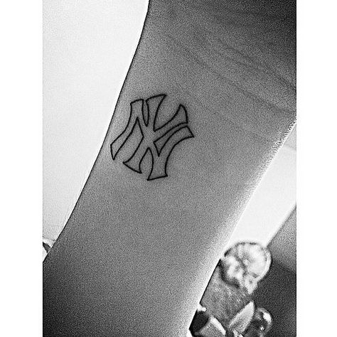 Wrist tattoo of the New York Yankees logo. Tattoo Artist: Jon Boy · Jonathan Valena New York Yankee Tattoo Ideas, Made In Ny Tattoo, Yankee Logo Tattoo, New York Yankees Tattoo Ideas, Yankee Tattoo For Women, Ny Yankees Tattoo, Yankee Tattoo Ideas, Yankees Tattoo Ideas, Yankees Logo Tattoo