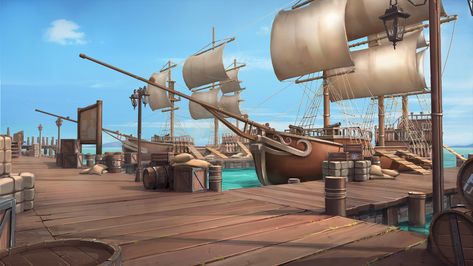 Medieval Docks, Dock Art, Anime Pirate, Dnd Backgrounds, Pirate Boats, Anime Places, Sea Of Thieves, Fantasy Background, My Fantasy World