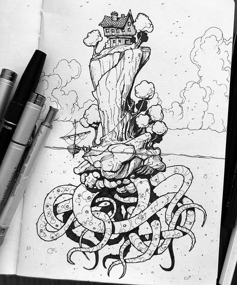 In this #penandink #sketchbook doodle by Rob Turpin (@thisnorthernboy) the inhabitants of a cliff-dwelling house travel the seas on a mysterious floating island... but no one seems to bother them. They either have some killer security system or  theyve tapped into some Elder God magic and fastened a dozen or so tentacles to their chunk of terra firma. Security and propulsion... and only at the sake of a few points of sanity? Sounds like a deal to me!  Drawn with: Carbon Platinum fountain pen Pen Fineliner Art, A Level Art Sketchbook, Surreal Artwork, Fantasy Drawings, Scary Art, Pencil Art Drawings, Amazing Art Painting, Ink Illustrations, Weird Art