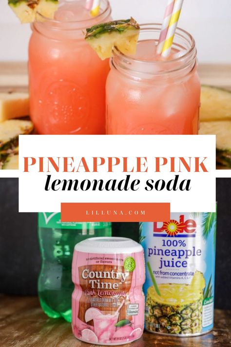 All-time Favorite Party Drink - this Pink Drink recipe (aka Baby Shower Punch) takes a minute to make and is made with 3 ingredients including  -  pink lemonade dry mix, sprite, & pineapple juice! #pineapplepinklemonadedrink #pinklemonade #pineapplelemonadedrink #pinkdrink #partypunch Pineapple Pink Lemonade Soda, Lemonade Pineapple Juice Sprite, Sparkling Pink Punch, Princess Party Punch Recipes, Country Time Lemonade Recipe Party Ideas, Pineapple Mango Lemonade Recipe, Fun Lemonade Recipes, Pink Lemonade Cocktail Recipe, Summer Drinks Nonalcoholic Pitcher