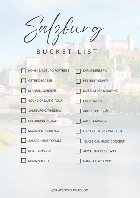 salzburg bucket list with lots of ideas of things to do there Things To Do In Salzburg, Salzburg Bucket List, Austria Bucket List, Things To Do In Salzburg Austria, Salzburg Itinerary, Oktoberfest Trip, 30 Bucket List, Salzburg Travel, Sound Of Music Tour