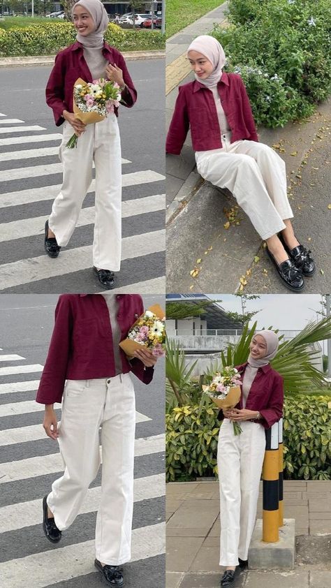 Maroon White Outfit, Cream Red Outfit, Ootd Kemeja Maroon, Maroon And White Outfits, Maroon Outfit Aesthetic, Ootd Celana Cream, Maroon Hijab Outfit, Red Hijab Outfit, Maroon Outfit Ideas