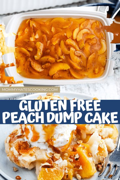 Store Bought Gluten Free Desserts, Dump Cake Recipes Gluten Free, Gf Dump Cake Recipes, Gluten Free Peach Cobbler Dump Cake, Gluten Free Yellow Cake Mix Desserts, Recipes Using Gluten Free Bisquick, Gluten Free Peach Cookies, Gluten Free Peach Dump Cake, Paleo Dump Cake