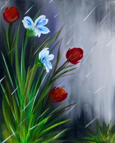 April showers bring pretty flowers Flowers In The Rain, Bathroom Painting, Whimsical Flowers, Painting Parties, Friend Painting, Wine And Canvas, 얼굴 그리기, Christmas Lunch, Paint Night