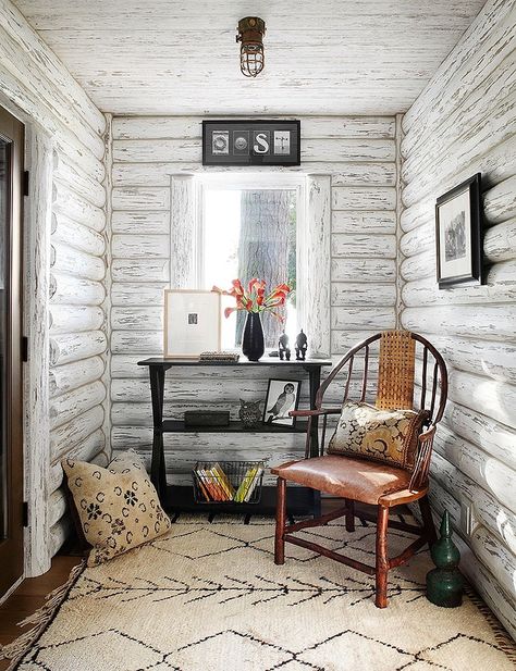 Whitewashed Lake Cabin by Jessica Jubelirer Design Cabin Room, Single Desk, Rustic Lake Houses, Cabin Interior Design, Log Cabin Interior, Log Cabin Ideas, Small Log Cabin, Rustic Home Interiors, Cabin Interiors