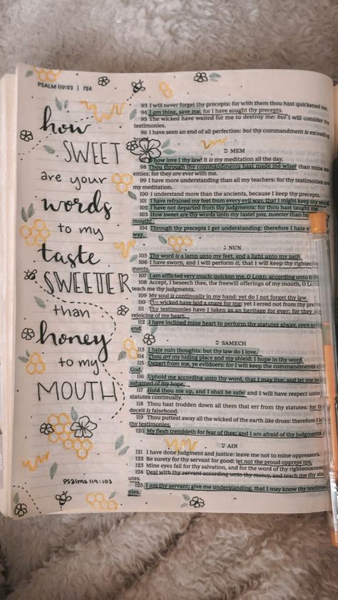 Sweet Words Are Like Honey, Psalm 119 Bible Journaling, Psalm 23 Bible Journaling, Psalm Bible Journaling, Psalms Bible Journaling, Bible Notecards, Bible Coding, Bible Wrecking, Bible Bullet Journaling