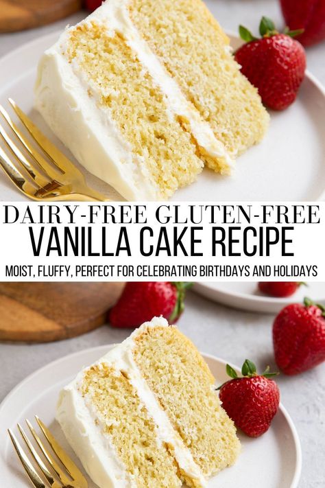 This moist and rich Gluten-Free Dairy-Free Vanilla Cake recipe is perfect for celebrating birthdays and special occasions! Whip it up with your favorite frosting and/or filling for an unforgettable celebration. #cake #glutenfree #vanilla Gluten Free Vanilla Cake Recipe, Vanilla Cake Recipe Moist, Dairy Free Vanilla Cake, Gluten Free Dairy Free Cake, Gluten Free Wedding Cake, Dairy Free Cake Recipe, Vegan Gluten Free Cake, Gluten Free Birthday Cake, Vegan Vanilla Cake