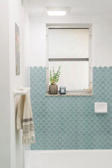 Coastal Bathroom Decor with Teal Fish Scale Tile via sweetteal Scalloped Tiles Bathroom, Scallop Tiles Bathroom, Mermaid Bathroom Tile, Scallop Shower Tile, Mermaid Tiles Bathroom, Scalloped Tile Bathroom, Mermaid Tile Bathroom, Scallop Tile Bathroom, Scalloped Tile