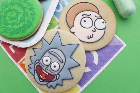 Rick and Morty Decorated Sugar Cookie Tutorial | Party Ideas & Activities by Wholesale Party Supplies Morty Costume, Rick And Morty Costume, Black Food Coloring, Yummy Sugar Cookies, Black Food, Icing Colors, White Icing, Royal Icing Recipe, Cookie Tutorials