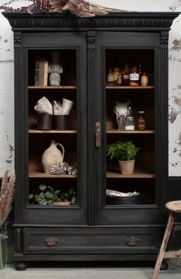 Moody Painted Furniture, Paint China Cabinet Black, Hutch In Living Room, Dark Academia China Cabinet, Black Chalk Paint China Cabinet, Black And Wood China Hutch, Modern Rustic Black China Cabinet, Black China Cabinet, Floating Nightstand Ideas