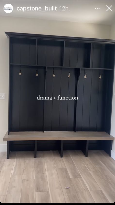 Mudroom Black Cabinets, Tricorn Black Mudroom, Laundry Room Lockers With Bench, Black Mudroom Cabinets, Black Mud Room, Built In Lockers Mud Rooms, Mudroom Shelving, Black Mudroom, Coat Closet Makeover