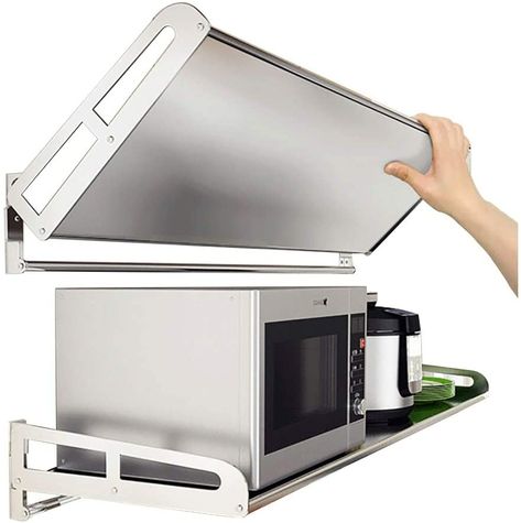 Amazon.com - Foldable Stainless Steel Microwave Oven Wall Mount Shelf with 5 Hooks 304 Kitchen Commercial Shelf Rack Restaurant Bar Multifunctional Storage Shelf for Toaster Spice Stand - Commercial Shelf, Wall Mount Oven, Oven Wall, Microwave Toaster Oven, Mounted Microwave, Apartment Kitchen Organization, Wall Mount Shelf, Cool Shelves, Microwave Shelf