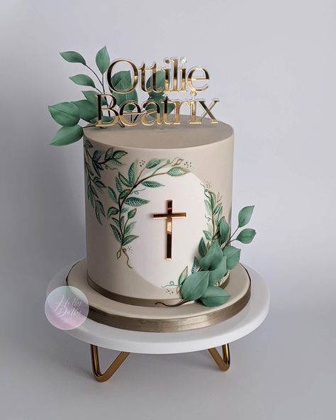 Nude Baptism Christening cake with handpainted foliage Green Confirmation Cake, Confirmation Cakes Catholic Boy, Cake For Baptism Boy, Boys Confirmation Cake, Green Baptism Cake, Cake Baptism Boy, Baptism Cakes For Boys, Confirmation Cakes For Boys, Confirmation Cakes Catholic