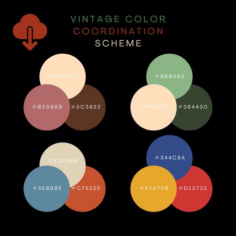 Introducing a handpicked set of 52 tri-color vintage coordination schemes, meticulously crafted for creative professionals across various industries.  1.T-shirt Designers: Infuse a touch of vintage style into apparel designs, giving them a unique edge in the market. 2.Interior Decorators: These palettes offer a distinctive visual appeal, assisting in crafting cozy and vintage-inspired interiors for clients. 3.Craftsmen: Choose the perfect color combinations for handicrafts, enhancing their artistic value and market appeal. 4.Artists: Provide a rich array of color choices for artworks, adding depth and visual allure. 5.DIY Enthusiasts: Offer a myriad of color combinations to help complete a variety of DIY projects with a vintage twist. 6.Event or Wedding Planners: Opt for the right color th Colors That Compliment Each Other, Tri Color Combination, Classic Color Combinations, Tri Color Palette, Odd Color Combinations, Vintage Color Combinations, Bold Color Combinations, Fun Color Palette Colour Combinations, Bridal Color Schemes