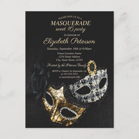 Elegant Black Masquerade, Masque Sweet 16 Invitation Postcard | #masque #masquerade #sweet16 #elegant #black #maskparty #modern #sweetsixteen #carnival #luxury Black Masquerade, 16th Birthday Invitations, Invitation Elegant, 30th Birthday Invitations, Graphics Layout, Sweet 16 Invitations, 18th Birthday Party, Quinceanera Invitations, Sweet 16 Parties