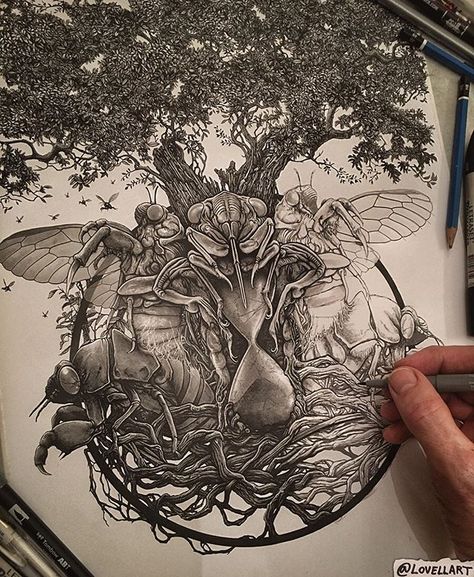 Hola folks!  Been a little bit off radar lately but for good arty reasons! I can finally reveal the artwork I did for the new Byzantine album ‘The Cicada Tree’. Here’s a WIP pic I took a few months back when I was slaving over endless leaves and details…  Which will be covered by a logo! Always a pleasure working with the band and can’t wait for the album to drop.www.christopherlovell.com/shop Christopher Lovell, Amazing Drawings, Doodle Art Designs, Fantasy Artist, Ink Pen Drawings, Pen Drawing, Fantasy Books, Creating Art, Doodle Art