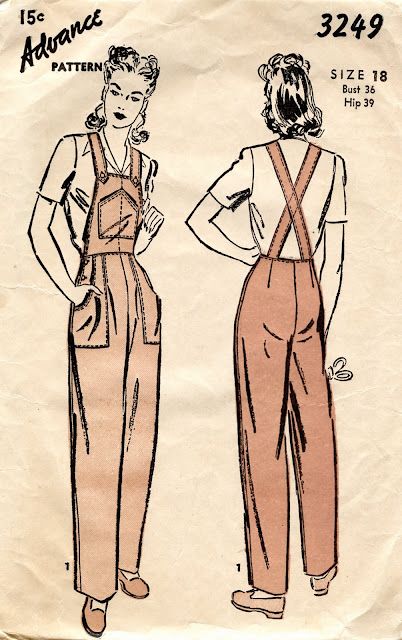 Advance pattern - 1940's overalls. issued 1943, wartime fashion, 1940s fashion Advance Patterns, Telephone Vintage, Patron Vintage, Robes Vintage, Vintage Industrial Style, Rosie The Riveter, Motif Vintage, Vintage Mode, Couture Vintage