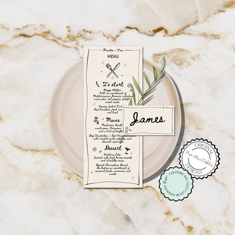 Dinner Menu Wedding, Unique Place Cards, Whimsy Wedding, Rehearsal Dinner Menu, Menu Wedding, Wedding Name Cards, Printable Menu, Hand Drawn Wedding, Unique Place