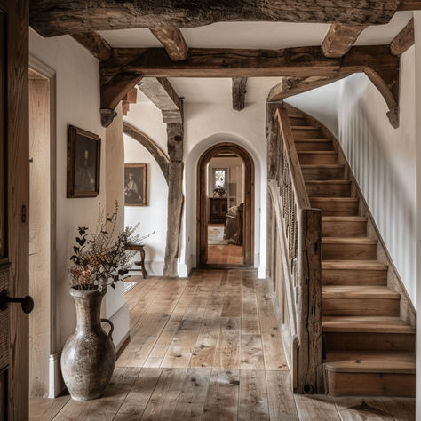 British Boot Room, Cozy Wooden House Interiors, Hallway With Beams, English Country Style Home, Arched Hallway Entryway, Vintage Cozy Home, English Entryway, Countryside Interior Design, English Farmhouse Decor