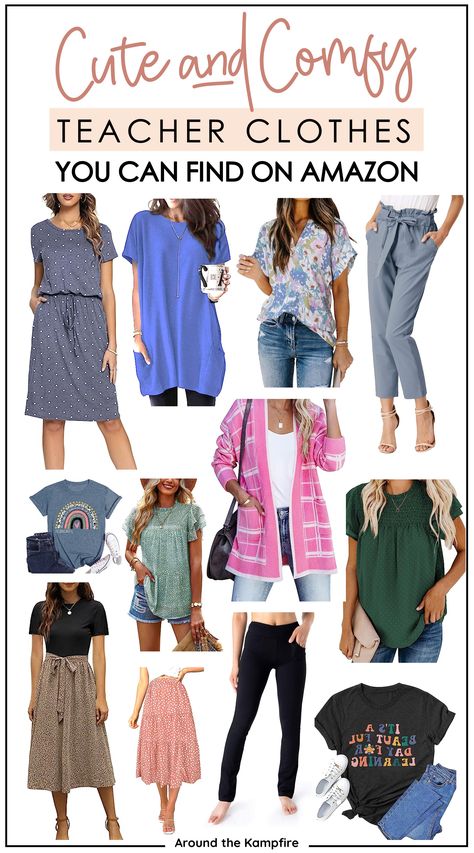 an article featuring comfortable clothes for teachers that you can find on Amazon Best Amazon Shirts For Women, Teacher Capsule Wardrobe Spring 2023, Teacher Basics Wardrobe, Teacher Outfits Amazon 2023, Teacher Amazon Outfits, Teacher Wardrobe 2023, Back To School Outfits For Teachers, Amazon Teacher Outfits 2023, Amazon Teacher Clothes