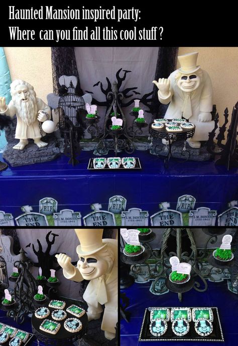 Haunted Mansion Inspired Party.  The cupcake topper tombstones link: http://family.disney.com/crafts/haunted-mansion-cupcake-tombstones  The Hitchhiking Ghosts cookies: https://www.etsy.com/listing/204106294/12-ghost-image-cookies?utm_source=OpenGraph&utm_medium=PageTools&utm_campaign=Share Haunted Mansion Birthday Party Ideas, Disney Haunted Mansion Party Ideas, Haunted Mansion Birthday, Hunted Mansion Disney, Haunted Mansion Cupcakes, Haunted Mansion Food, Haunted Mansion Birthday Party, Haunted Mansion Party Ideas, Haunted Mansion Party Food