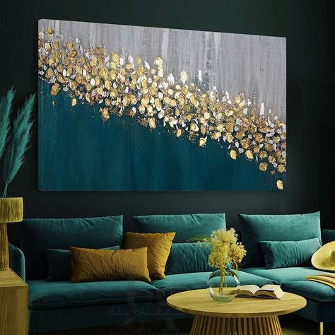 Abstract Gold Leaf Painting Dark Teal Painting Silver Leaf Original Textured Painting Canvas Deep Petrol 3d Texture Wall Art Decor Dark Teal 3d Texture Wall, Musical Wall Art, Teal Painting, Abstract Art Photography, Texture Wall Art, Painting Texture, Hand Painted Textures, Turquoise Painting, Leaf Painting