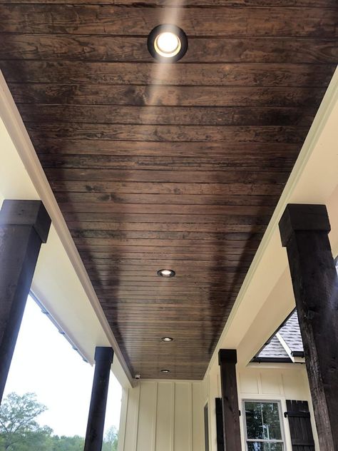 Black Stained Porch Columns, Tongue And Groove Deck Ceiling, Dark Stain Ceiling, Tongue And Groove Stained Ceiling, Cedar Stained Deck, Tongue And Groove Ceiling Porch, Cedar Wrapped Porch Posts, Stained Porch Ceiling, Cedar Porch Ceiling