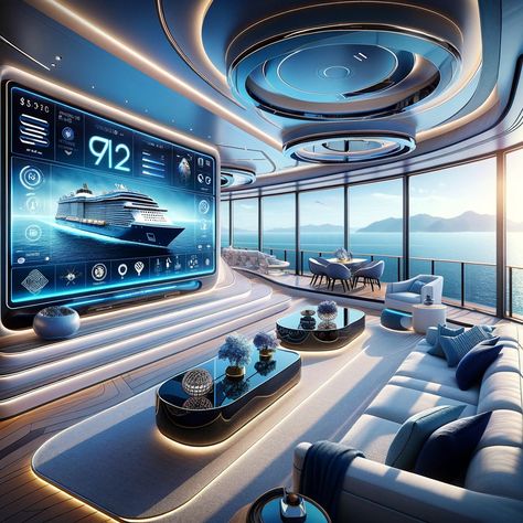 High tech cruise suite cabin with large balcony Balcony Setup, Futuristic Rooms, High Tech Interior, Mansion Living, Dreamscape Architecture, Large Balcony, Futuristic Home, House Arch Design, Architecture Model House