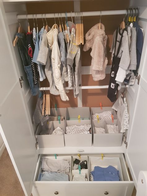 Nursery Cupboard Organisation, Shared Wardrobe Organisation, Nursery Wardrobe Organisation, Nursery Cupboard, Baby Wardrobe Organisation, Baby Wardrobe Ideas, Small Wardrobe Organisation, Baby Cupboard, Nursery Wardrobe