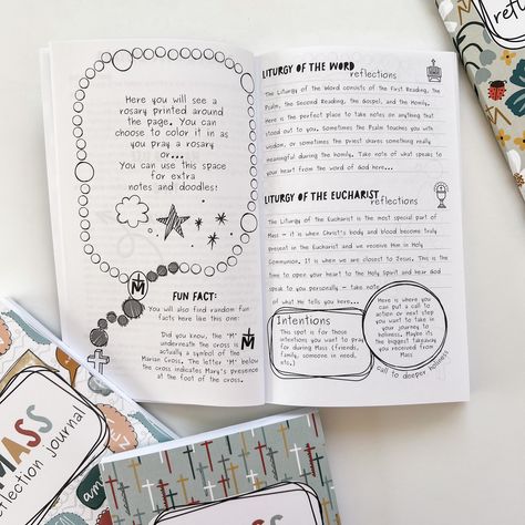 For those kids who are too old for coloring books and are ready to dive deeper into the Mass, we've created Mass Reflection Journals! It includes information on the parts of the Mass, written prayers, and plenty of space for your kids to write their own reflections. We hope this is a tool that helps them feel more connected to Jesus in the Mass! . #massjournal #catholicmass #catholickid #easter Written Prayers, Catholic Journal, Parts Of The Mass, Reflection Journal, Catholic Decor, Praying The Rosary, Catholic Kids, First Communion Gifts, Rose Shop