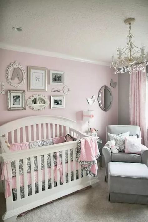 Pink, white and grey nursery Baby Zimmer Ikea, Girls Bedroom Themes, Girl Nursery Pink, Grey Baby Nursery, Girl Nursery Themes