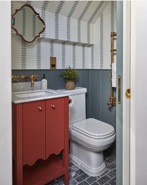 Millie Turner, Red Vanity, Living Room Upstairs, Brass Taps, Small Downstairs Toilet, 2024 Wallpaper, Cotswolds Cottage, Loft Bathroom, Jack And Jill Bathroom