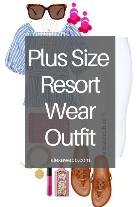 Plus Size Preppy Resort Wear with a plus size blue stripe wrap top, white capri denim jeans, pink clutch, and Tory Burch Miller sandals by Alexa Webb. The perfect vacation outfit! Plus Size Vacation Outfits Beach, Mexico Vacation Outfits Plus Size, Plus Size Resort Wear Outfits, White Capri Outfits, Preppy Resort Wear, Plus Size Cruise Outfits, Caribbean Vacation Outfit, Plus Size Preppy, Plus Size Resort Wear